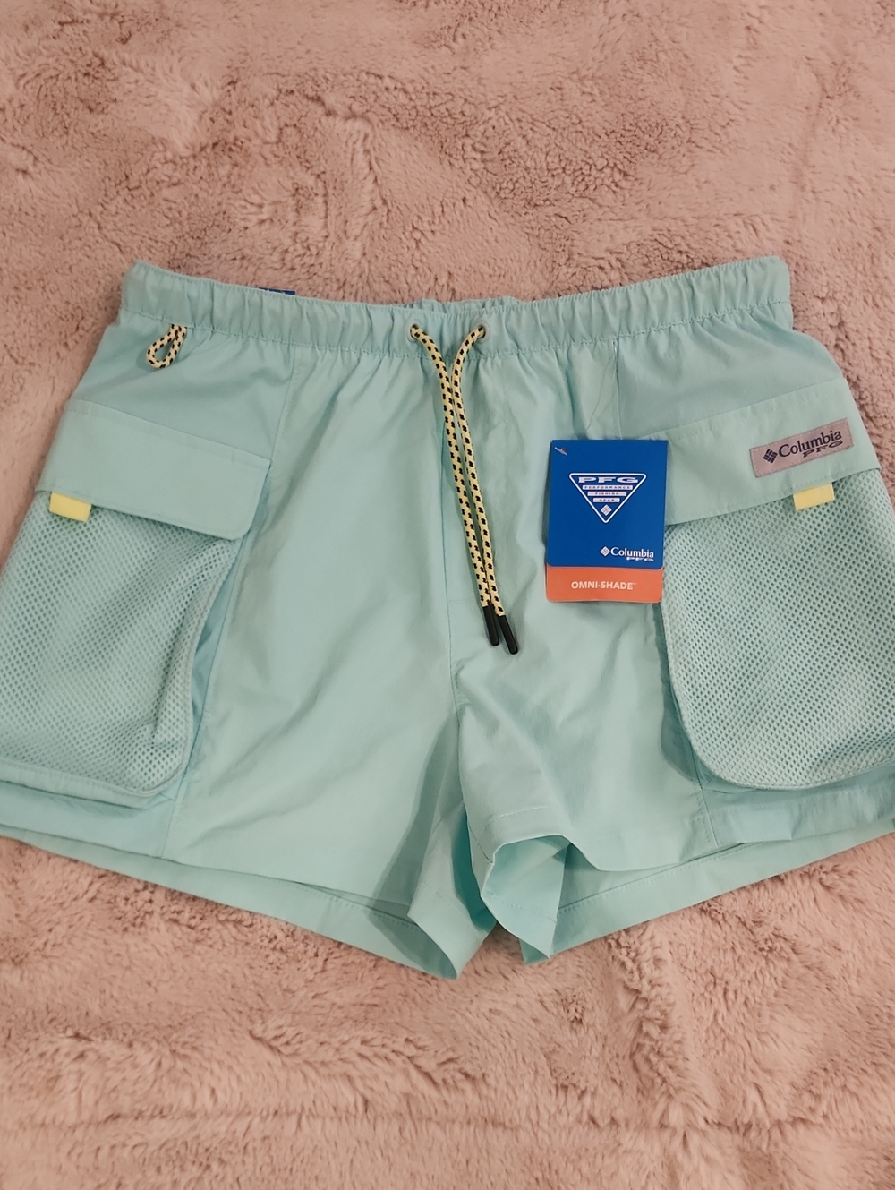 Columbia Women's Light Aqua Athletic Shorts with Yellow Drawcord Accents